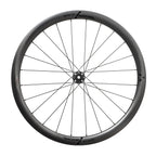 A sleek black MICHE SWR EVO 40 bicycle wheel on a white backdrop.