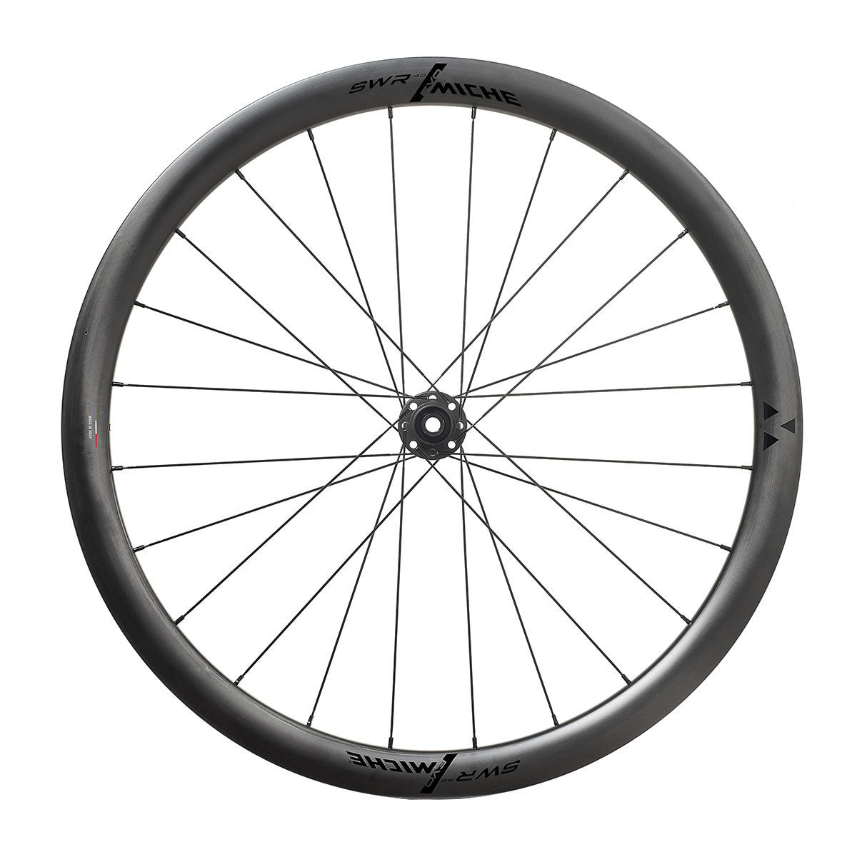 A sleek black MICHE SWR EVO 40 bicycle wheel on a white backdrop.