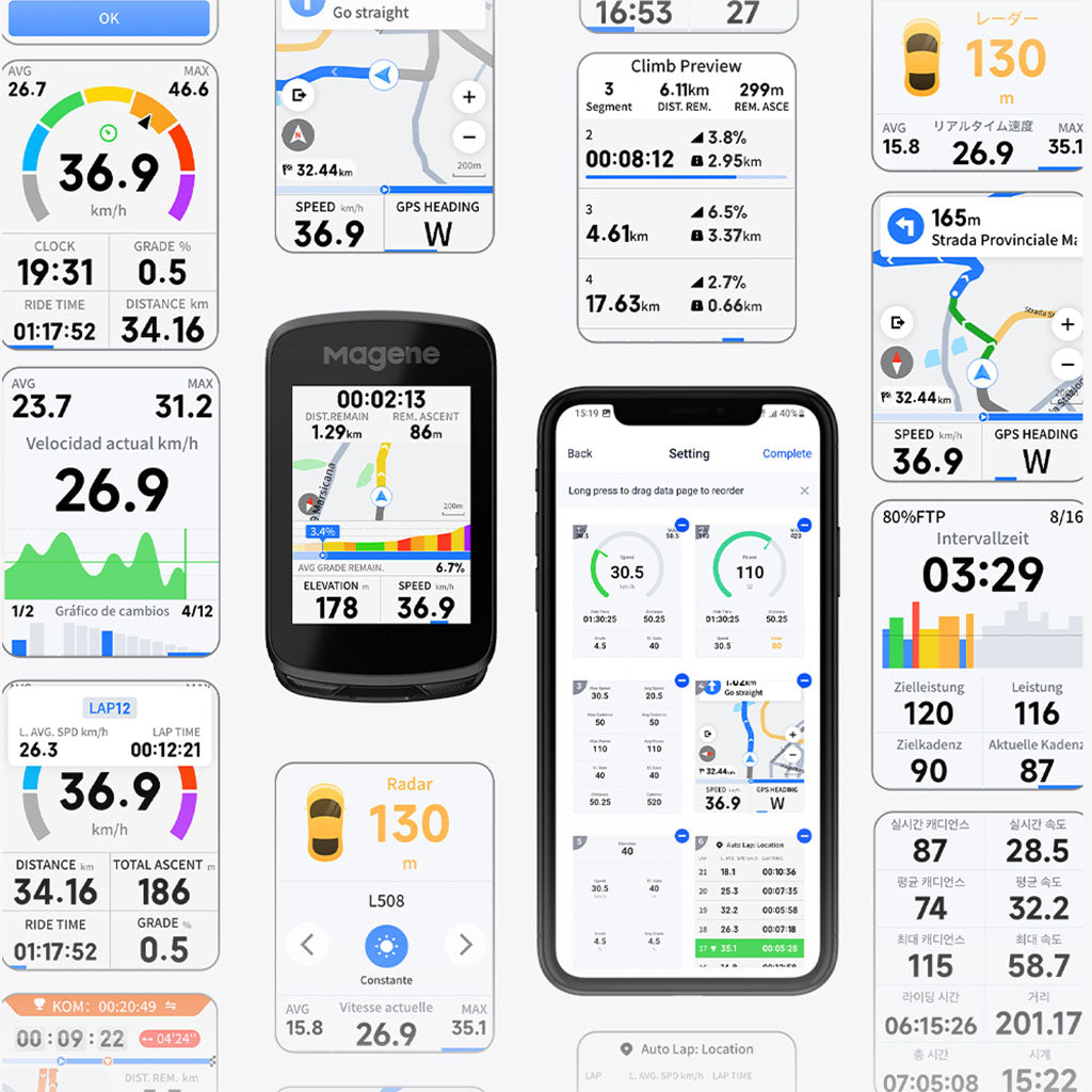 Magene bike computer map interface with route guidance arrows