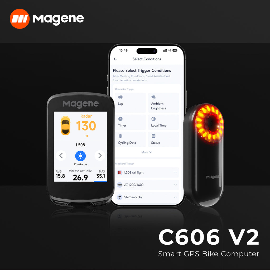 Magene C606 V2 cycling computer displaying ride data and performance metrics