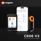Magene C606 V2 cycling computer displaying ride data and performance metrics