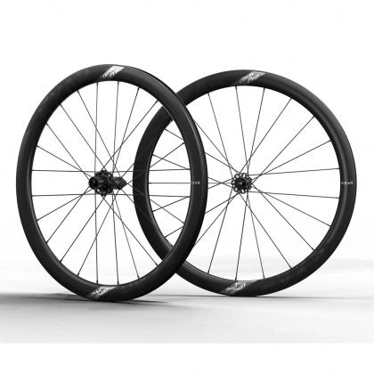 Two black Magene EXAR Pro DB45 Carbon Wheelset-45mm  bicycle wheels with spokes and hubs, standing upright against a white background