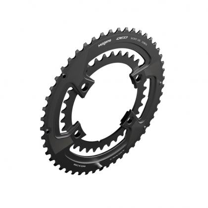 Black bicycle chainring on a white background, showcasing the Magene QED Lightweight Split Chainring Set-110/4 BCD for 11/12 speed.