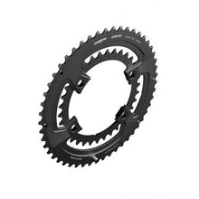 Black bicycle chainring on a white background, showcasing the Magene QED Lightweight Split Chainring Set-110/4 BCD for 11/12 speed.