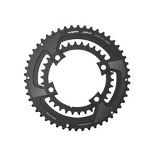 A black chainring against a white backdrop, featuring the Magene QED Lightweight Split Chainring Set-110/4 BCD for 11/12 speed.
