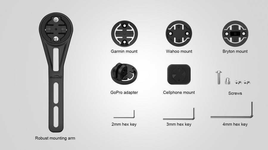 Magicshine Aero Out-Front Mount package showing all mount types (Garmin, Wahoo, Bryton), GoPro adapter, phone mount, screws, and hex keys