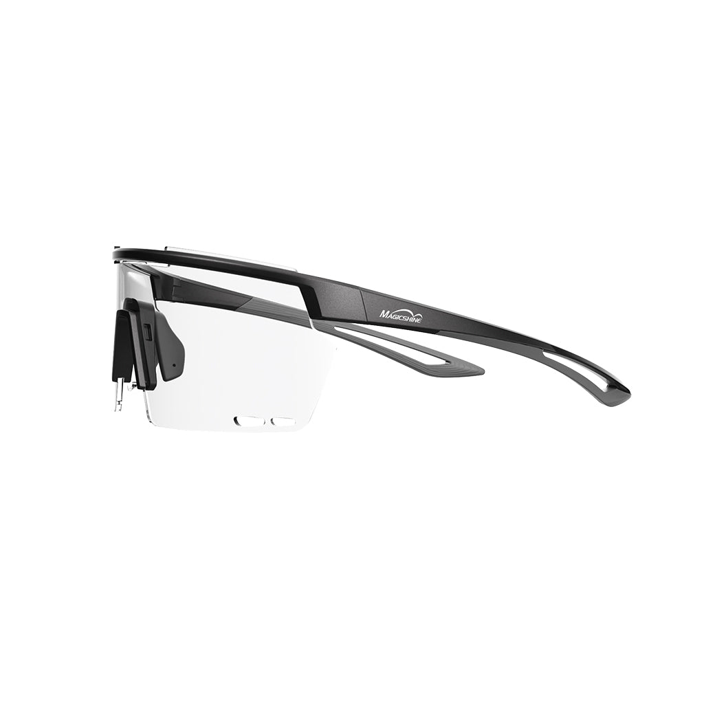 Side view of Magicshine Rouler Basic sports glasses in Black/Grey, highlighting its aerodynamic profile and lightweight construction for comfortable wear.