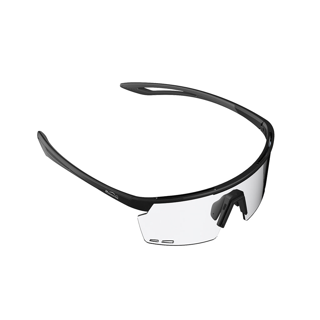 Close-up of Magicshine Rouler Basic cycling sunglasses in Black/Grey, showcasing the expansive PC lens for exceptional optical clarity.