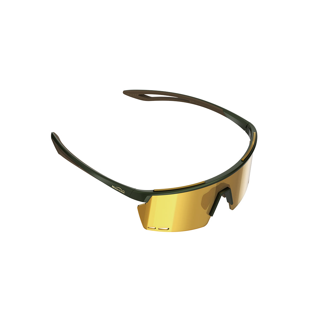 Magicshine Rouler Classic Sports Sunglasses in Green/Brown, featuring a wide, reflective lens and sleek semi-frame design, ideal for cycling and outdoor sports.