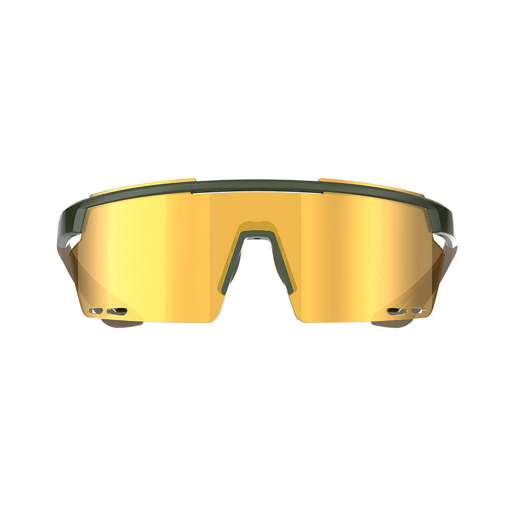 Close-up of Magicshine Rouler Classic cycling sunglasses in Green/Brown, showcasing the expansive PC lens for exceptional optical clarity and style.