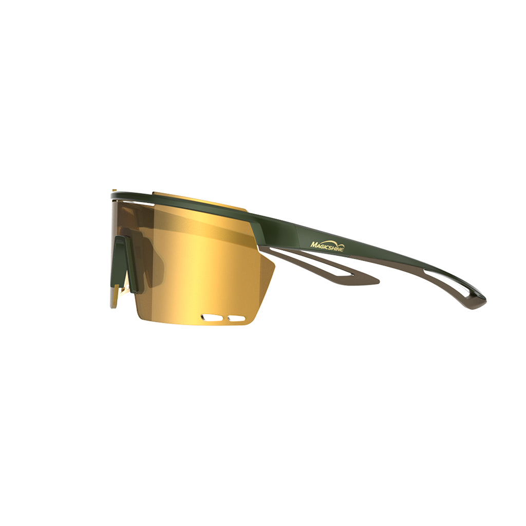 Side view of Magicshine Rouler Classic sports eyewear in Green/Brown, highlighting its aerodynamic profile and premium construction for active use.