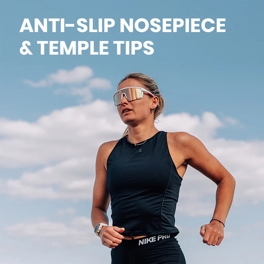 Athlete wearing Magicshine Rouler Classic Green/Brown performance sunglasses, highlighting their secure fit and clear optics for intense sports activities.