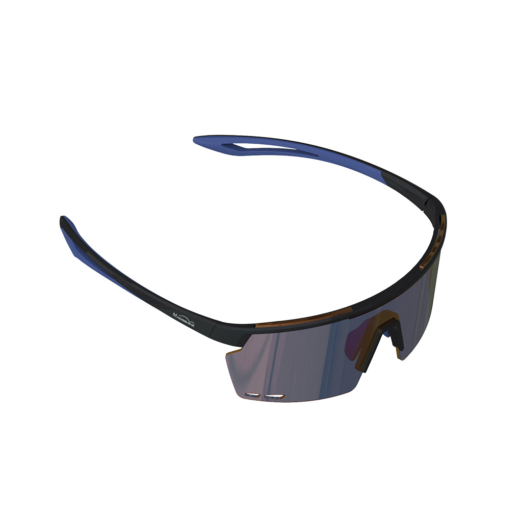 front-facing 3D render of the Magicshine Rouler Classic Sports Sunglasses, highlighting the wide blue lens and black frame.