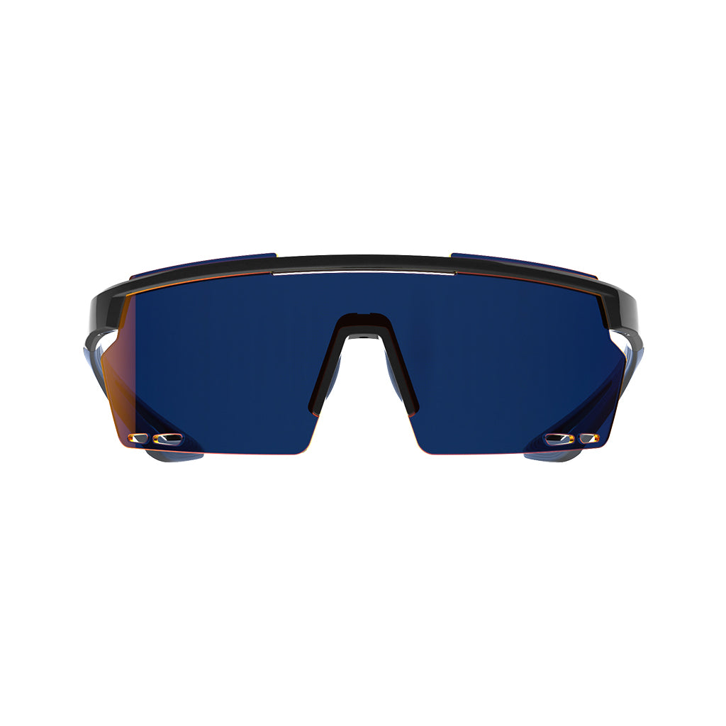 Magicshine Rouler Classic Sports Sunglasses, viewed from a slight top-down angle, showcasing the blue and black frame with a reflective lens.