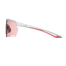 Side view of Magicshine Rouler Night Vision sports glasses in White/Pink, highlighting its aerodynamic profile and secure fit for nighttime athletic activities.