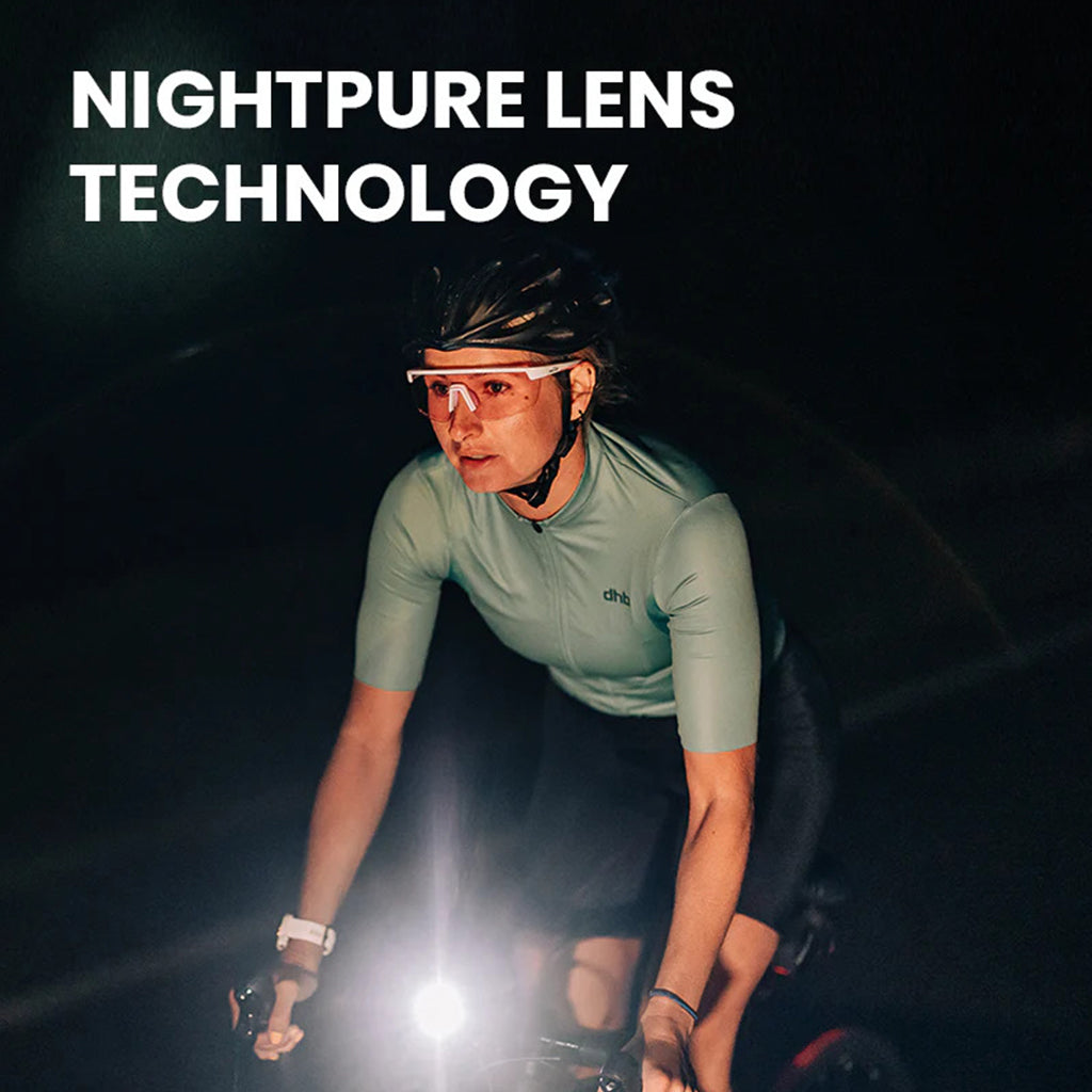 Detail of the Magicshine Rouler Night Vision sports glasses frame, emphasizing the sleek semi-frame design and comfortable, secure fit for night use.