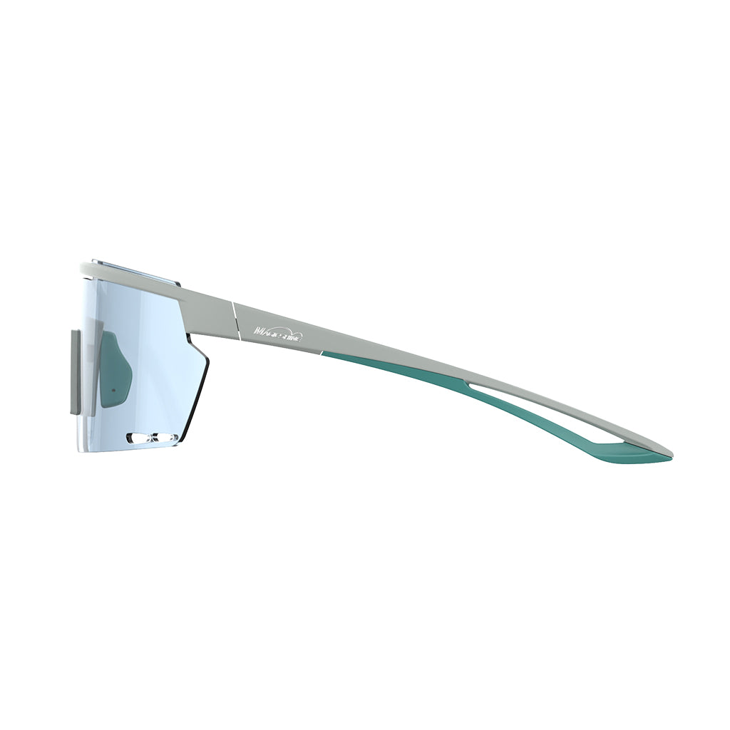 Side view of Magicshine Rouler Night Vision sports glasses in Green/Blue, highlighting its aerodynamic profile and secure anti-slip fit for nighttime activities.