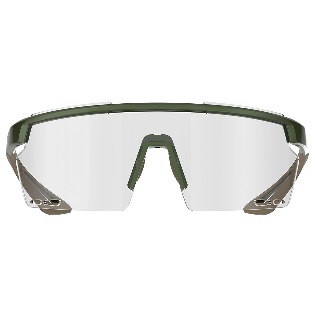 Magicshine Rouler Photochromic lens in Green/Brown demonstrating tint transition, illustrating its adaptability to changing light for optimal visibility.