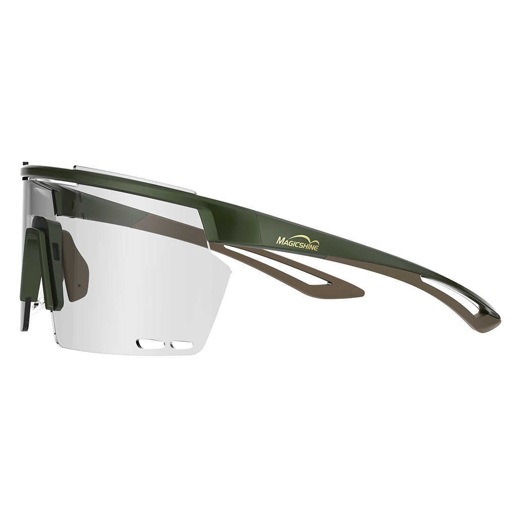 Close-up of Magicshine Rouler Photochromic cycling sunglasses in Green/Brown, showcasing the expansive PC lens for exceptional optical clarity and versatile style.