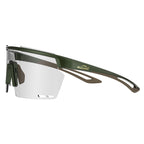 Close-up of Magicshine Rouler Photochromic cycling sunglasses in Green/Brown, showcasing the expansive PC lens for exceptional optical clarity and versatile style.