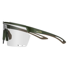 Close-up of Magicshine Rouler Photochromic cycling sunglasses in Green/Brown, showcasing the expansive PC lens for exceptional optical clarity and versatile style.