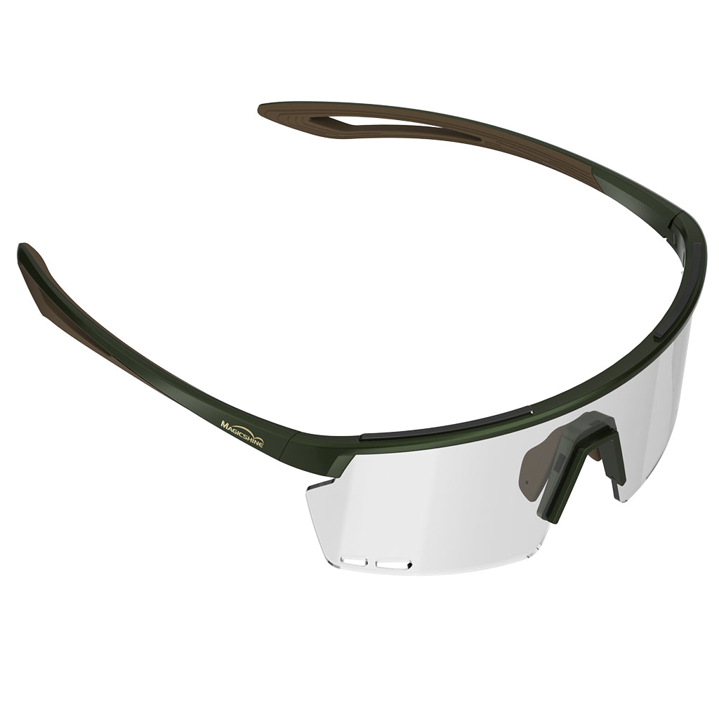 Side view of Magicshine Rouler Photochromic sports glasses in Green/Brown, highlighting its aerodynamic design and premium construction for adaptable athletic use