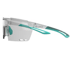 Side view of Magicshine Rouler Photochromic sports glasses in Lake Blue, highlighting its aerodynamic profile and premium construction for adaptable athletic use.