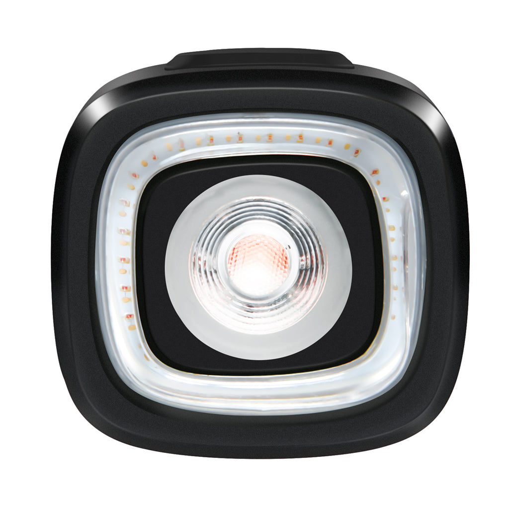 Front view of the Magicshine SEEMEE 150TL V2.0 smart rear bike light, showing the transparent optical lens and LED array. Provides 260-degree visibility and 150 lumens for maximum cycling safety.