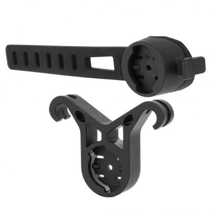  A top-down view of two black mounts included in the Magicshine SEEMEE Rear Light Mount Kit: a strap mount and a V-shaped dual rail mount.