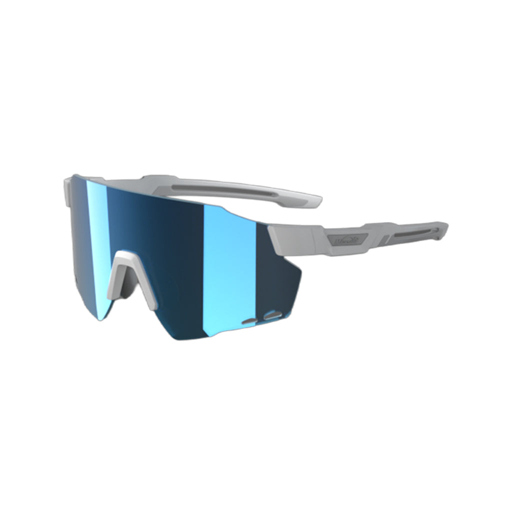 Close-up of lightweight sport sunglasses featuring a gray wrap-around frame and reflective blue-tinted lenses, designed for cycling or other outdoor activities.