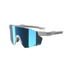 Close-up of lightweight sport sunglasses featuring a gray wrap-around frame and reflective blue-tinted lenses, designed for cycling or other outdoor activities.