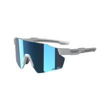 Close-up of lightweight sport sunglasses featuring a gray wrap-around frame and reflective blue-tinted lenses, designed for cycling or other outdoor activities.