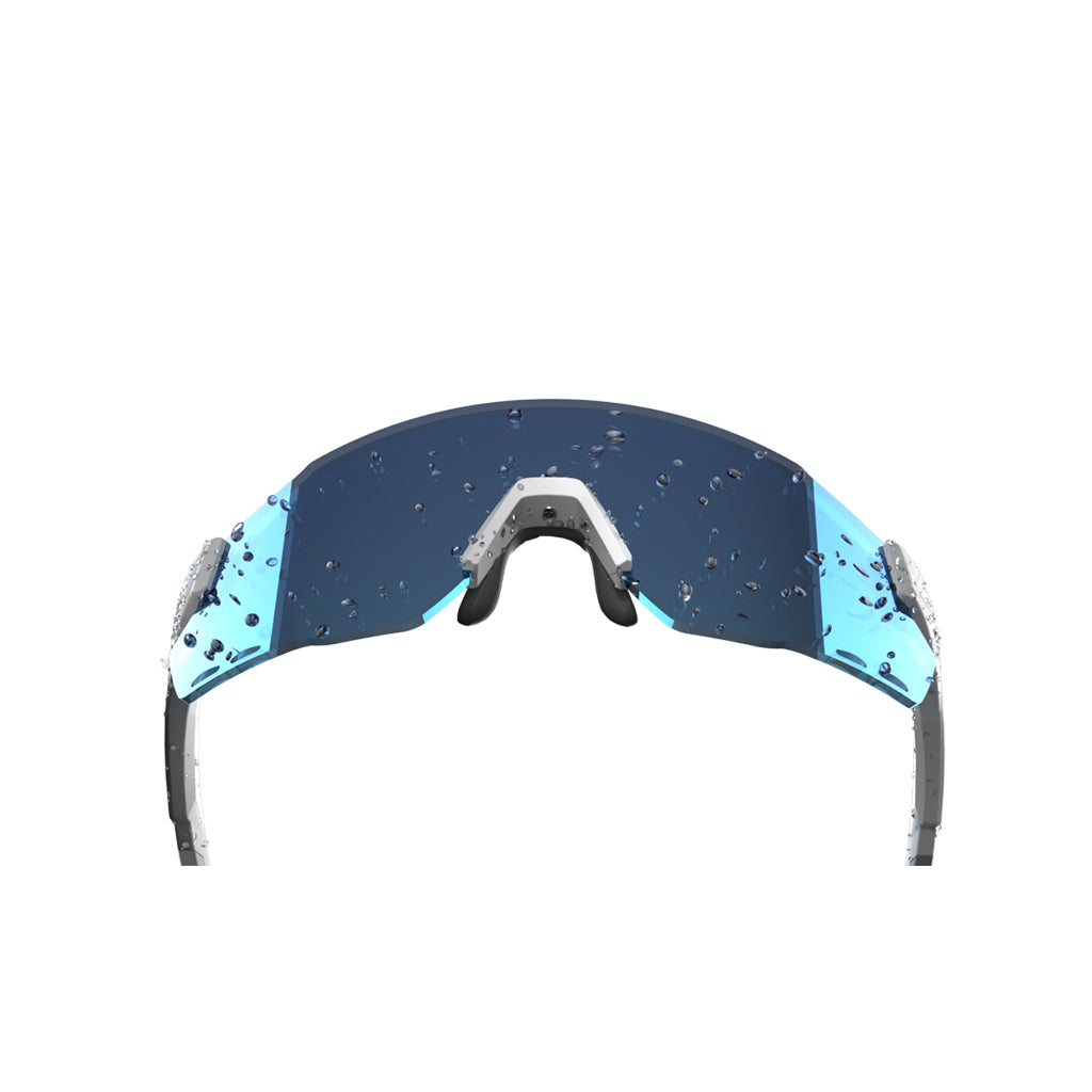 Sport sunglasses with blue mirrored lenses, some with water droplets.