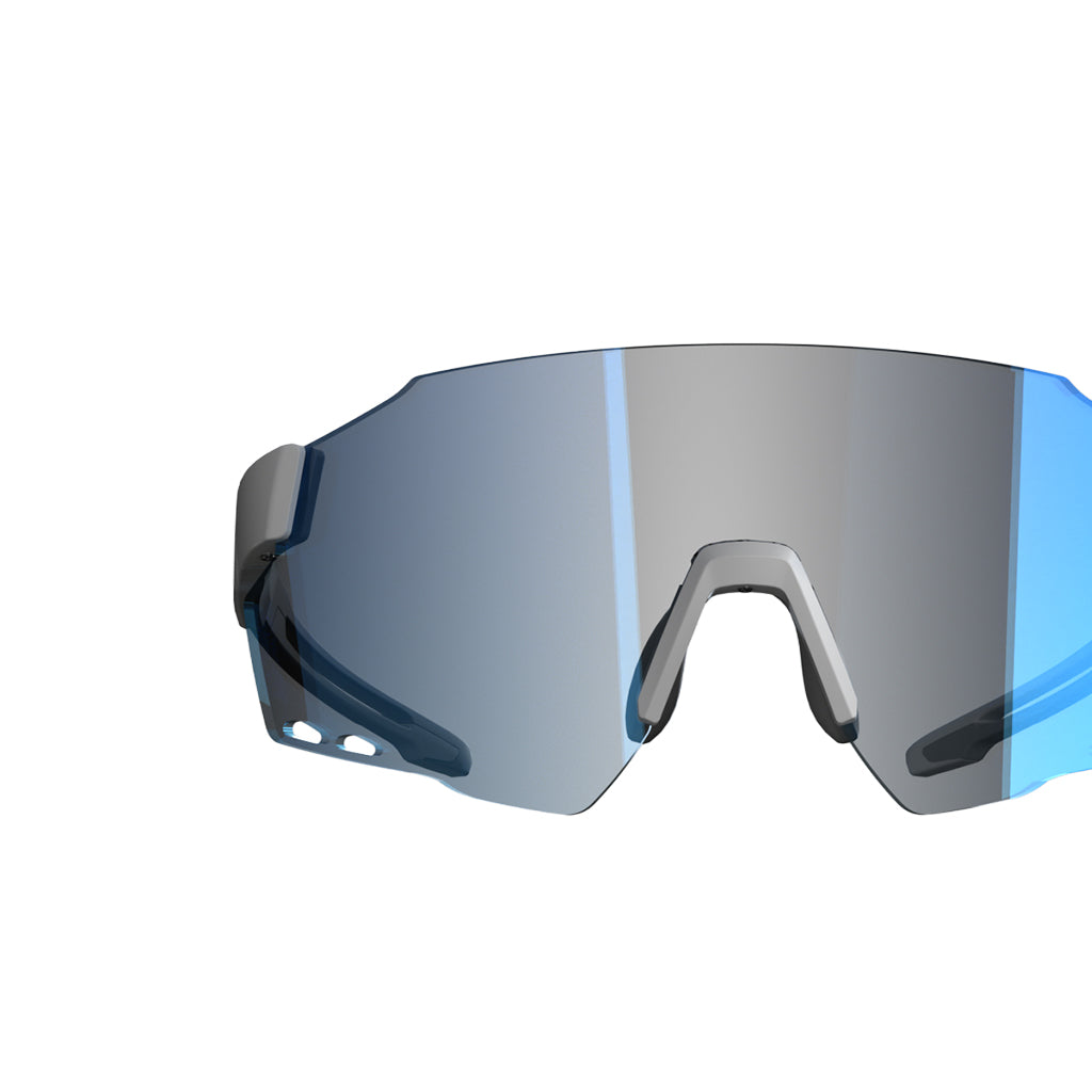 Performance sport sunglasses with a curved blue mirrored lens and light gray frame.