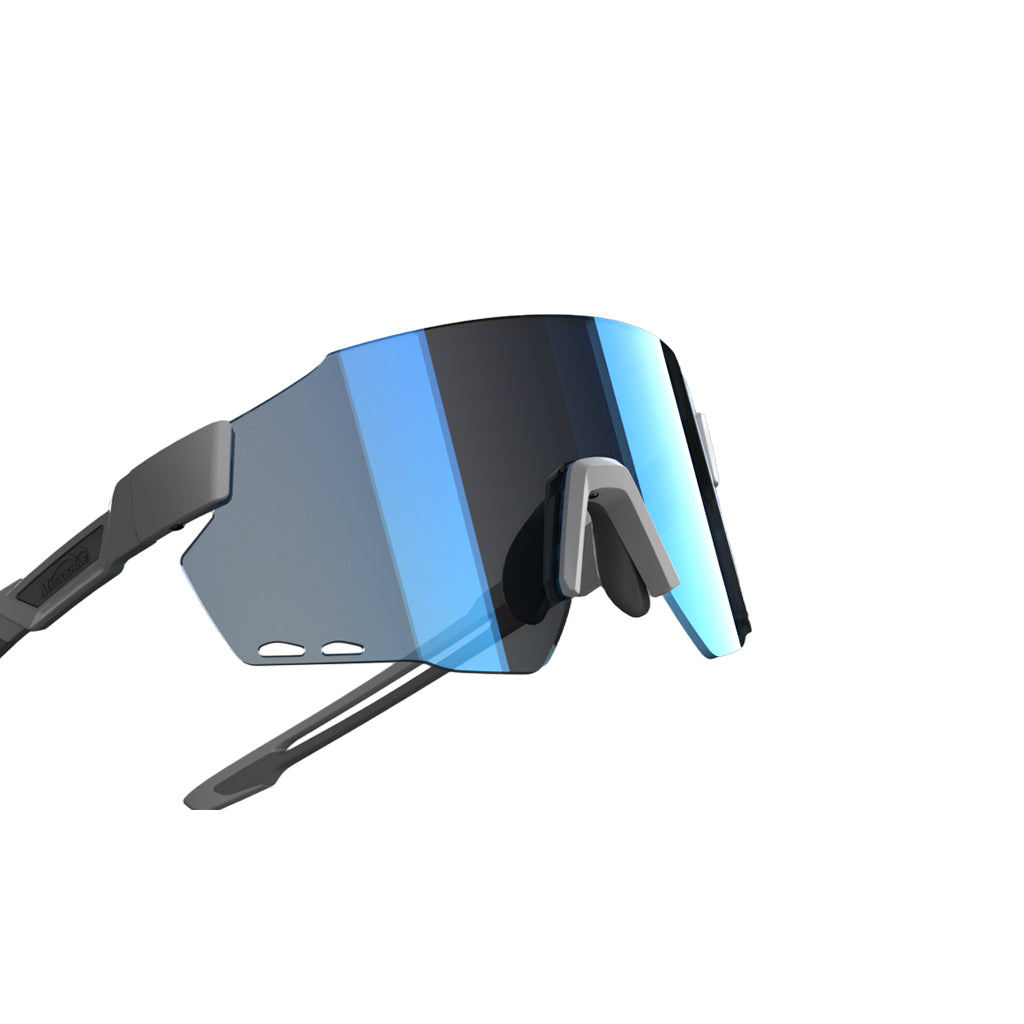 Sport sunglasses with gray frames and blue mirrored lenses