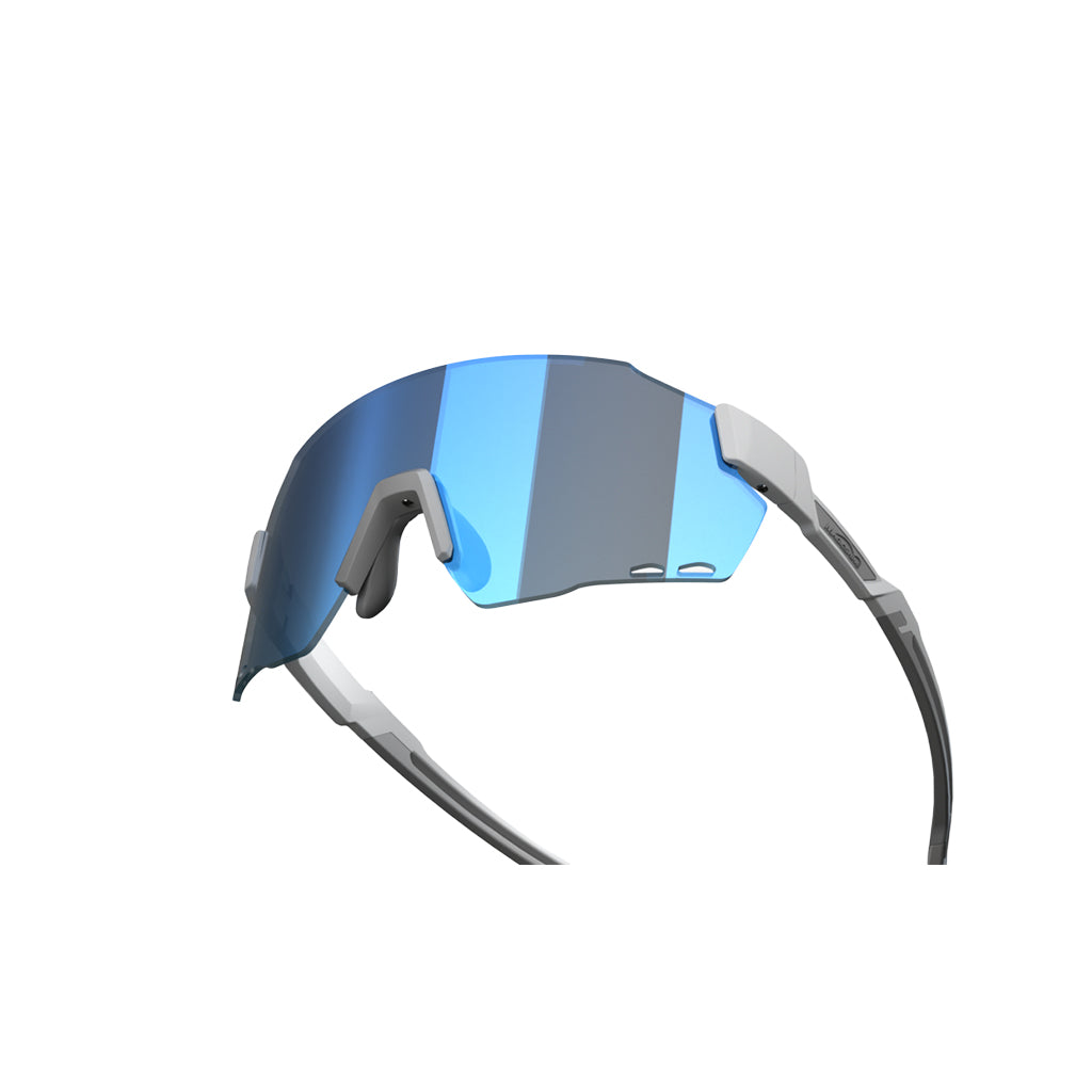 Performance sport sunglasses with a curved blue mirrored lens and light gray frame.