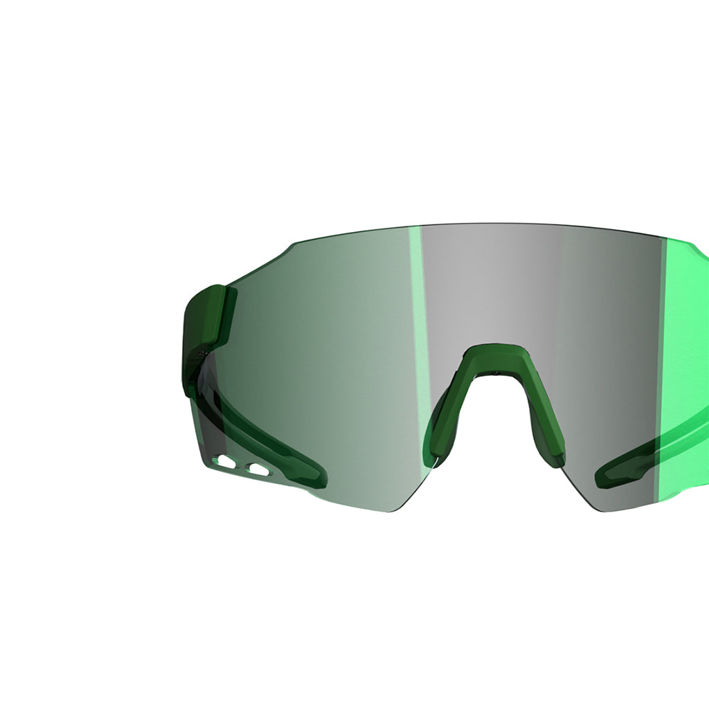 The sunglasses feature a wraparound design with dark green frames and reflective green lenses.