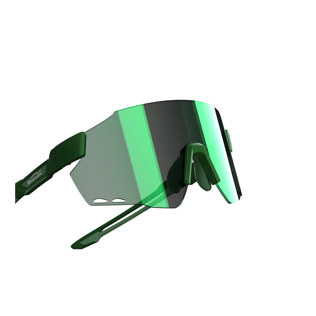 Green sport sunglasses with mirrored lenses.