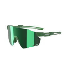 Close-up of performance sport sunglasses with dark green frames and vibrant green mirrored lenses, shown from various angles.