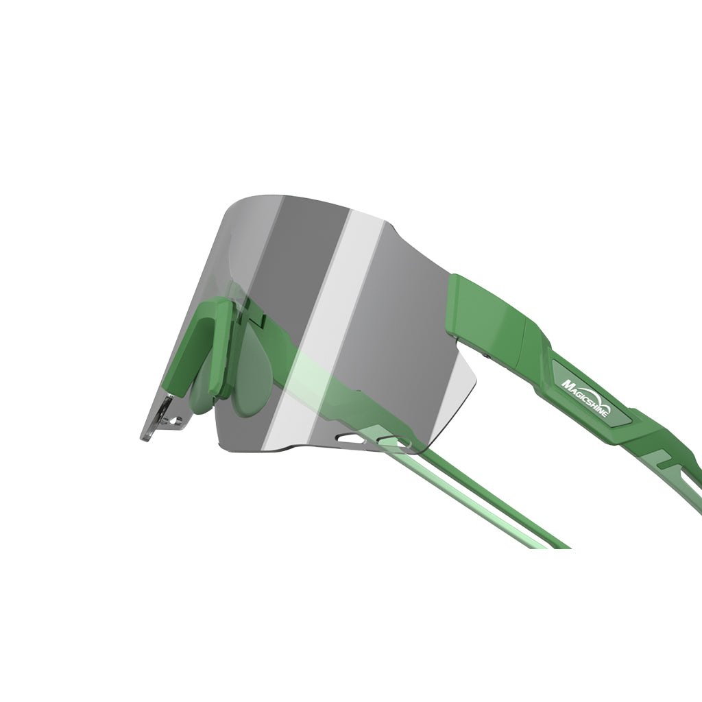 Magicshine Windbreaker Photochromic professional cycling sunglasses in Forest Green with auto-adjusting, waterproof PC shield lens, offering optimal vision and performance for cyclists.