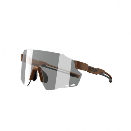 A pair of Magicshine Windbreaker cycling sunglasses in coffee brown, featuring an ultralight, frameless design and a large, wraparound lens for comprehensive eye protection.