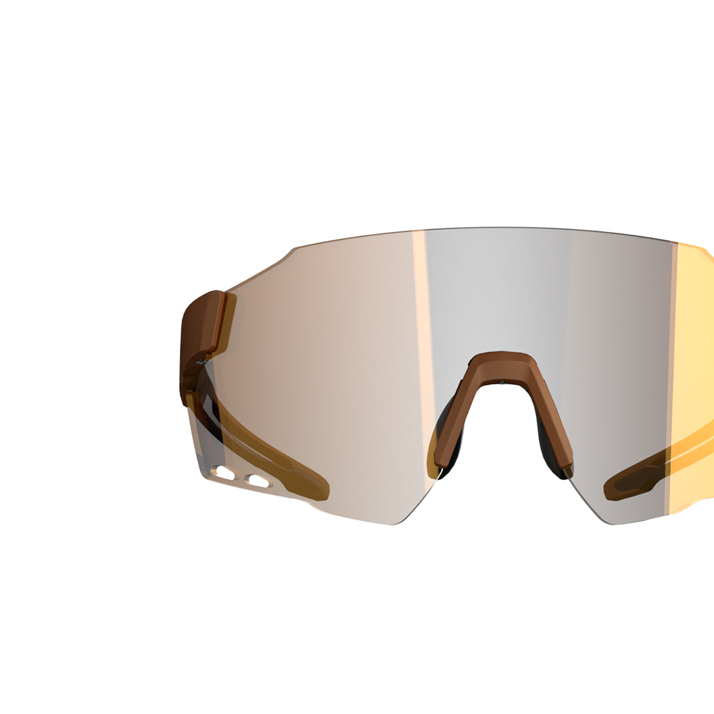 The Magicshine Windbreaker Photochromic Sunglasses in a coffee brown color, highlighting their frameless construction and wraparound lens