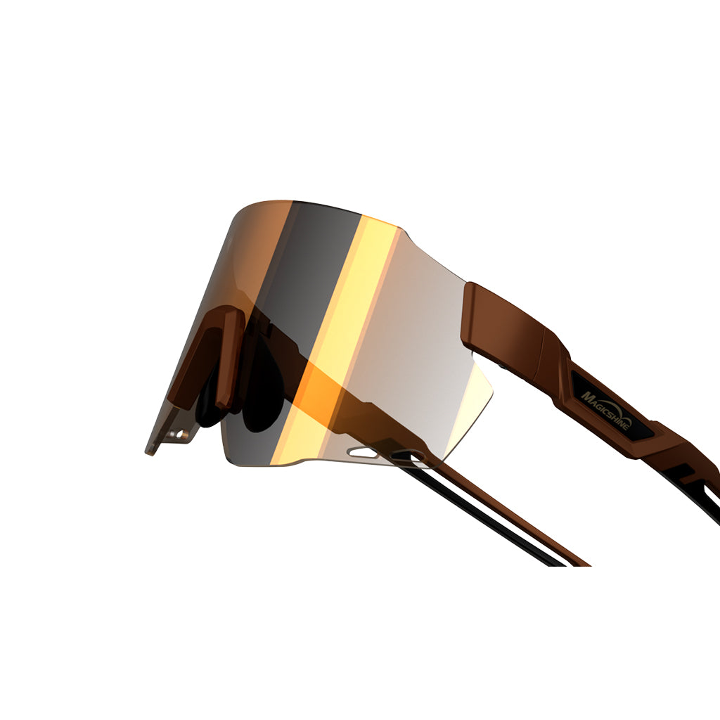 Coffee brown Magicshine Windbreaker cycling glasses, designed with an ultralight, frameless structure and a wraparound PC shield lens for enhanced performance and safety on the road.