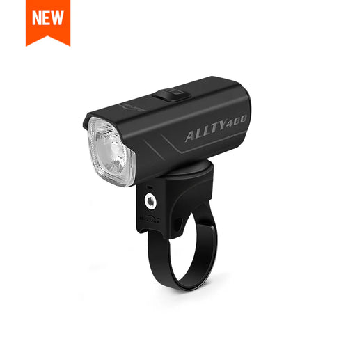 A close-up of the Magicshine ALLTY 400 V2.0, highlighting its practical design and powerful illumination, making this cycling night light an essential tool for enhanced rider safety.