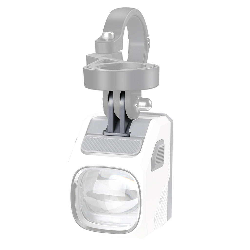 White Magicshine EVO 1700 bike light seen from above, mounted on a grey GoPro-style bracket.