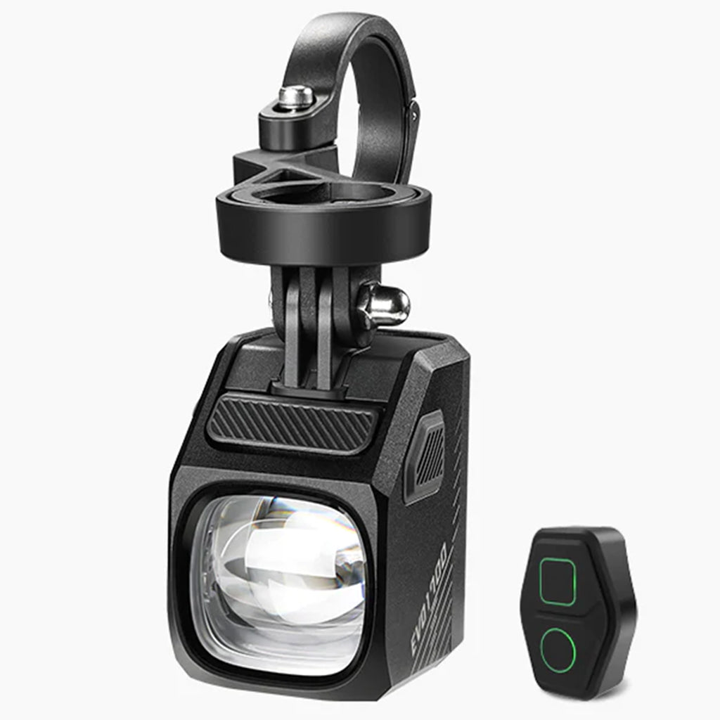 The Magicshine EVO 1700 bike light is shown mounted, alongside its wireless remote control.