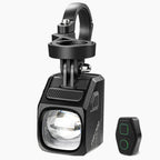 The Magicshine EVO 1700 bike light is shown mounted, alongside its wireless remote control.