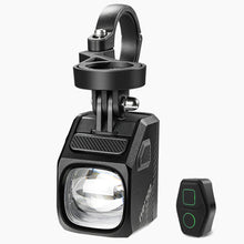 The Magicshine EVO 1700 bike light is shown mounted, alongside its wireless remote control.