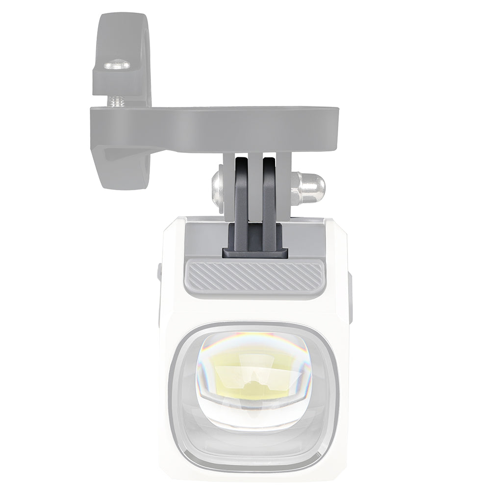 Front view of a white Magicshine EVO 1700 bike light attached to a gray GoPro-style handlebar mount.