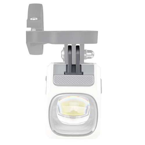 Front view of a white Magicshine EVO 1700 bike light attached to a gray GoPro-style handlebar mount.